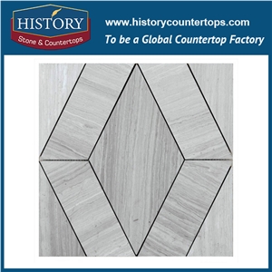 White Wood Vein and Grey Natural Marble Stone, Machine Water Jet Cutting Diamond Shaped Rhombus Pattern Premium Mosaic Decorative Tiles