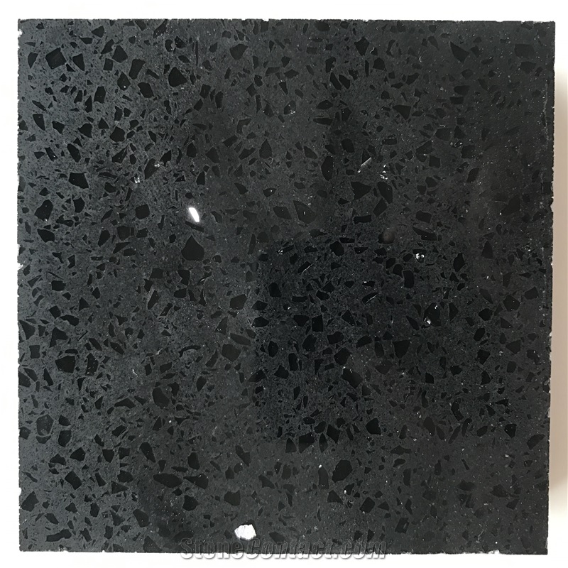 Engineered/Artificial Quartz Stone Black Galaxy Marble Look Solid Surface Polished Slab for Tile Panel Countertop Vanity Interior Decor.