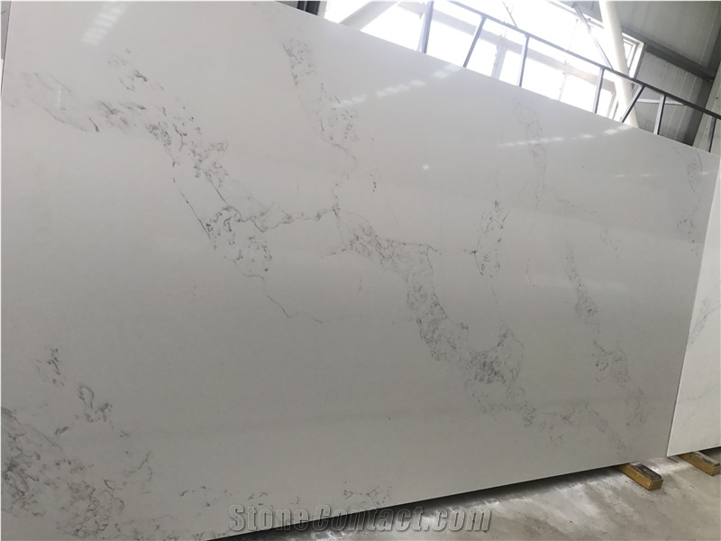 Engineered/Artificial Quartz Stone Calacatta Nuvo Marble Look Solid Surface Polished Slab for Tile Wall Panel Countertop for Interior Decor.