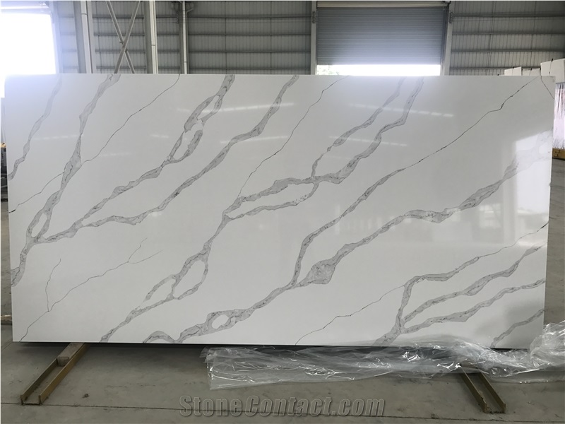Engineered/Artificial Quartz Stone Calacatta Oro Marble Look Solid Surface Polished Slab for Flooring Tile Wall Panel Countertop Kitchen Vanity