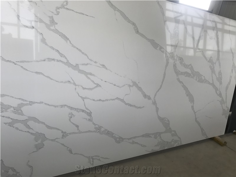 Engineered/Artificial Quartz Stone Volakas Marble Look Solid Surface Polished Slab for Flooring Tile Wall Panel Countertop Kitchen Vanity