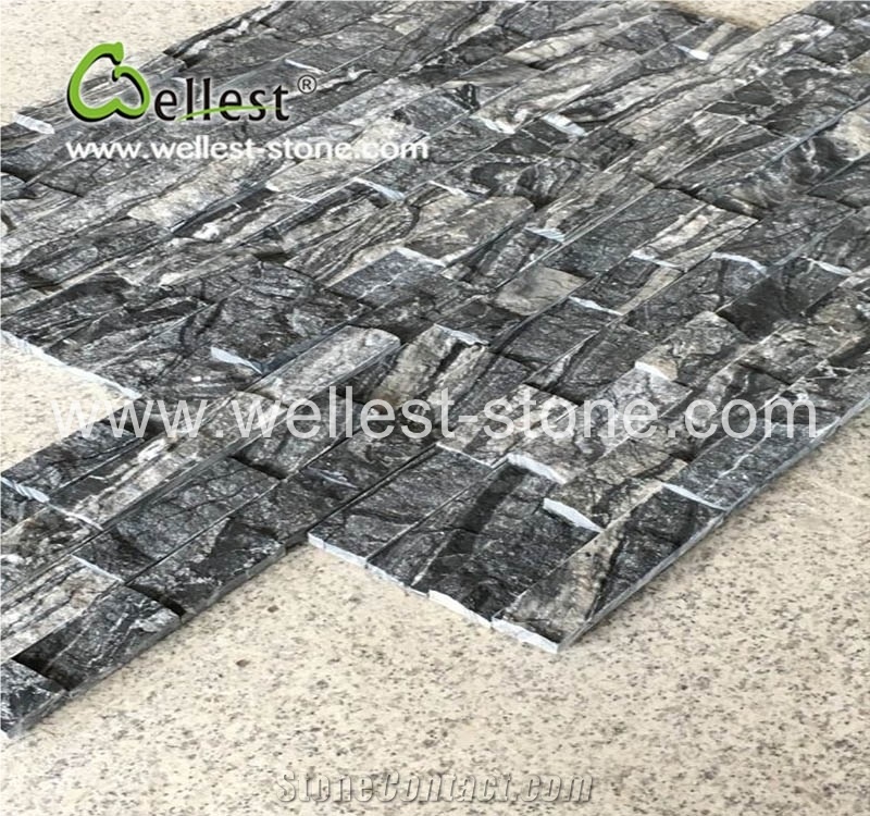 Ancient Dark Black Wood Grain Marble Ledge Culture Stacked Stone Pannel for Garden Feature Wall Vaneer Cladding Decor and Pool Waterfall