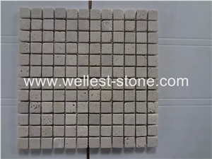 Natural Travertine Mosaic Tile, Square Cobble Mosaic Stone, Honed Wall Cladding Mosaic Tile
