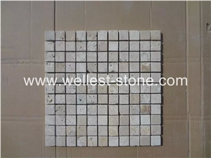 Natural Travertine Mosaic Tile, Square Cobble Mosaic Stone, Honed Wall Cladding Mosaic Tile