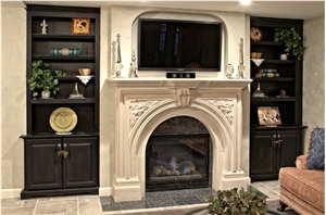 Beige Limestone Fireplace Mantel with Arch Opening