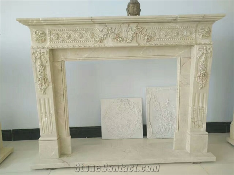 Beige Marble Fireplace Mantel with Carving Sculpture
