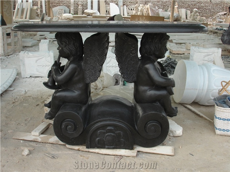 Black Marble Table with Cherub Sculpture