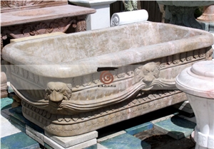 Hand Carved Marble Bathtub with Sculpture, Brown Marble Bathtubs