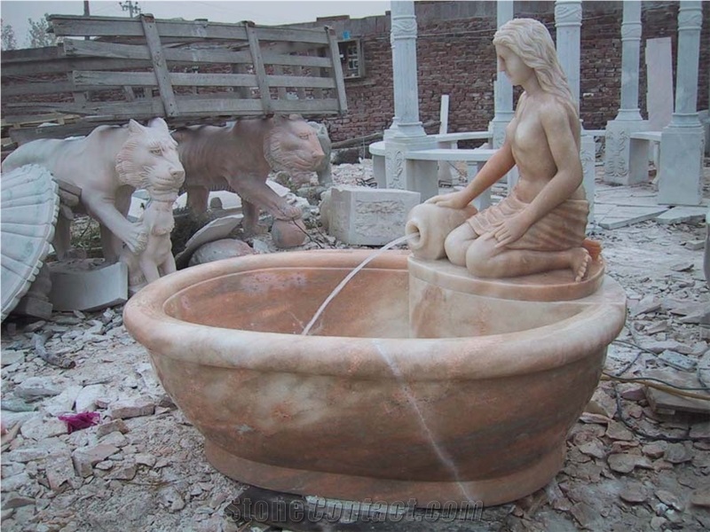Pink Marble Bathtub with Statue Sculpture