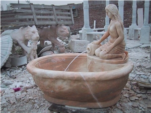 Pink Marble Bathtub with Statue Sculpture