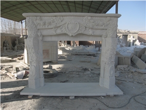 White Marble Fireplace Mantel Surround with Carved Sculpture