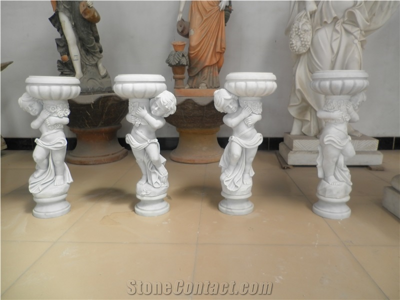 White Marble Flower Pot with Child Statue Sculpture