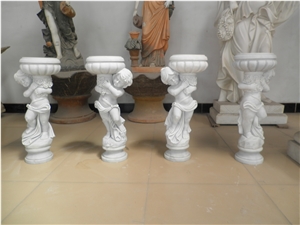White Marble Flower Pot with Child Statue Sculpture
