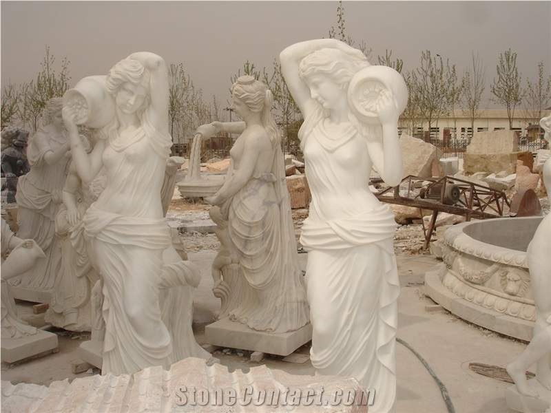 White Marble Lady Statue with Pot