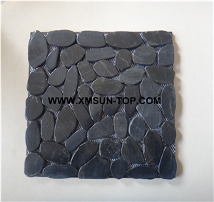 Black Highly Polished Sliced Pebble Mosaic/Black Pebble Stone Wall Mosaic Tile/Black Pebble Stone Floor Mosaic Tiles/Black Pebble Mosaic in Mesh