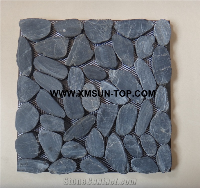 Black Honed Sliced Pebble Mosaic/Black Pebble Stone Wall Mosaic Tile/Black Pebble Stone Floor Mosaic Tiles/Black Pebble Mosaic in Mesh