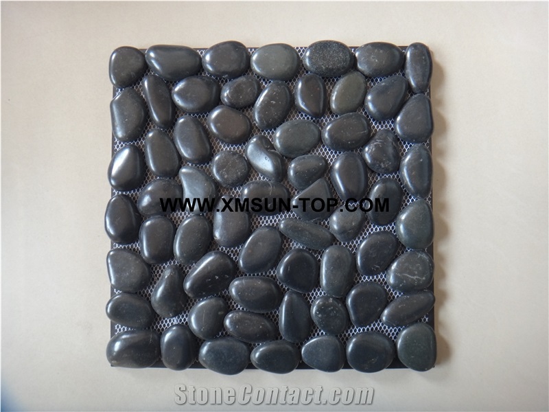 Black Ordinary Polished Flat Pebble Mosaic in Mesh/Natural River Stone Mosaic Wall Tiles/Black Pebble Floor Tiles/Interior Decoration