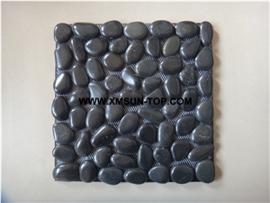 Black Ordinary Polished Flat Pebble Mosaic in Mesh/Natural River Stone Mosaic Wall Tiles/Black Pebble Floor Tiles/Interior Decoration