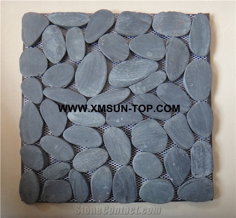 Dark Grey Sliced Pebble Mosaic Tile/Natural River Stone Mosaic/Double Surface Cut Pebble on Mesh/Pebble Stone Wall Mosaic/Pebble Stone Floor Mosaic