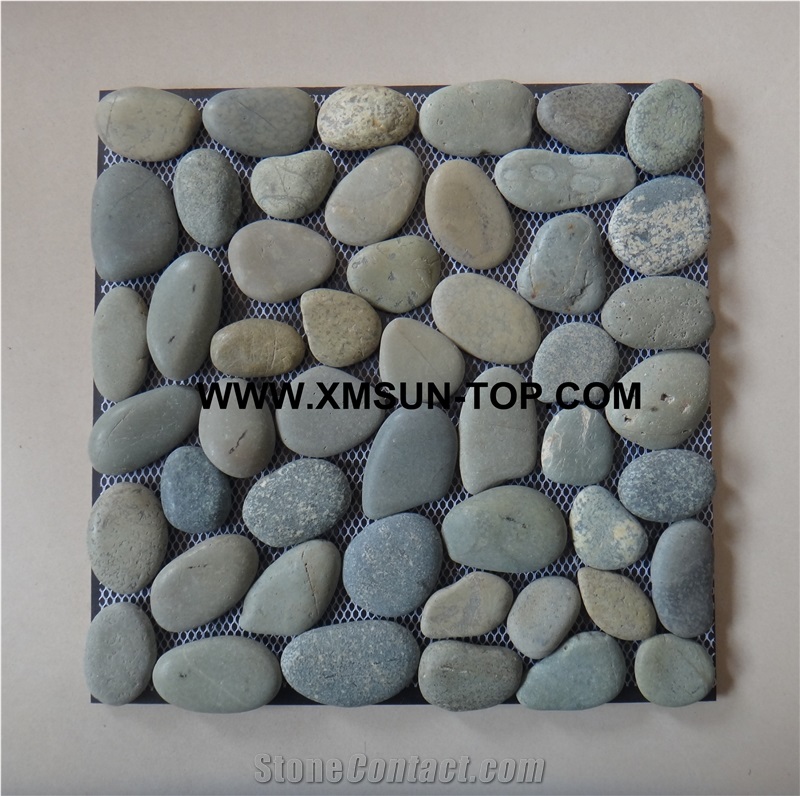 Green Mixed Color Honed Flat Pebble Mosaic in Mesh/Natural River Stone Mosaic Wall Tiles/ Pebble Floor Tiles/Interior Decoration