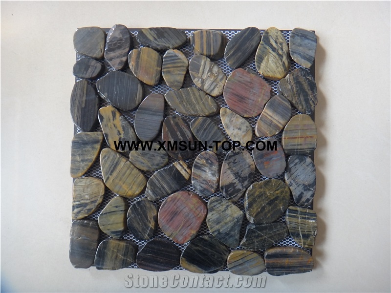 Highly Polished Tiger Skin Pebble Sliced Surface Mosaic/River Stone Mosaic/Pebble Wall Mosaic/Multicolor Pebble Floor Mosaic/Pebble on Mesh