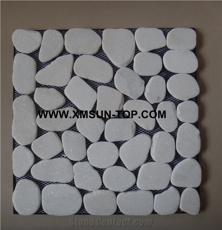 Honed Snow White Pebble Stone Sliced Surface Mosaic/White River Stone Mosaic Tile/White Pebble Wall Mosaic/White Pebble Floor Mosaic/Pebble on Mesh