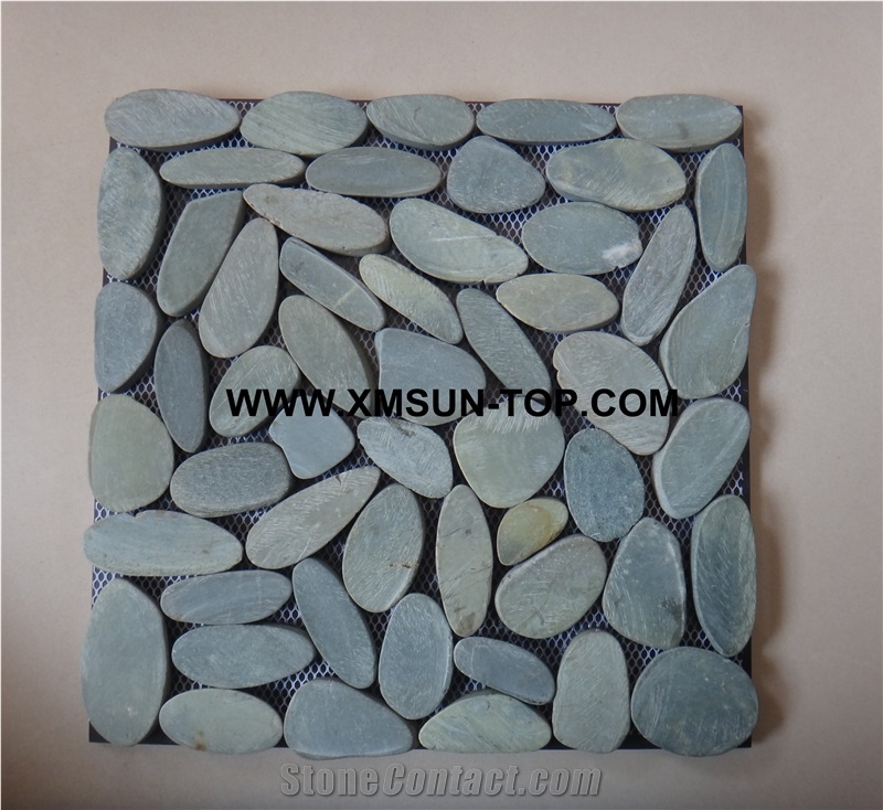 Light Green Honed Pebble Stone Sliced Surface Mosaic/River Stone Mosaic Tile/Green Pebble Wall Mosaic/Pebble Floor Mosaic/Pebble on Mesh