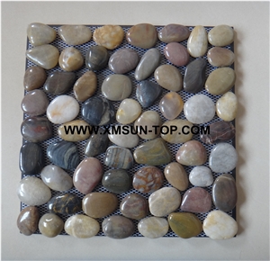 Multicolor Highly Polished Flat Pebble Mosaic in Mesh/Natural River Stone Mosaic Wall Tiles/Multicolor Pebble Floor Tiles/Interior Decoration