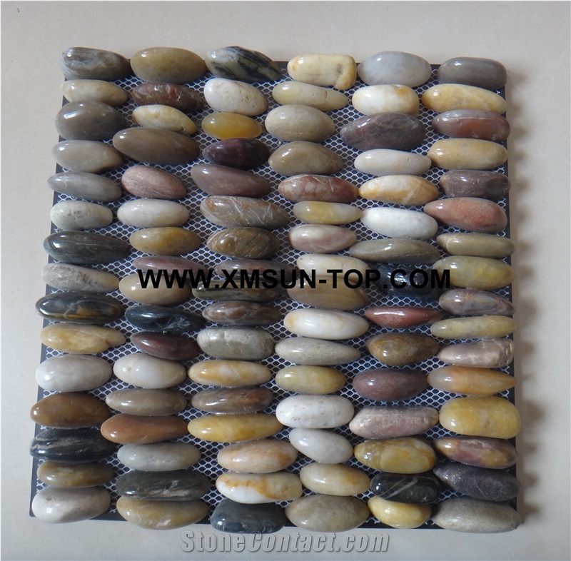 Multicolor Highly Polished Pebble Standing Mosaic Tile/Natural River Stone Mosaic Tile/Mixed Color Pebble Stone Wall Mosaic/Pebble Stone Floor Mosaic