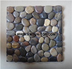 Multicolor Middle Polished Flat Pebble Mosaic in Mesh/Natural River Stone Mosaic Wall Tiles/Mixed Color Pebble Floor Tiles/Interior Decoration