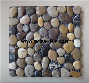 Multicolor Ordinary Polished Flat Pebble Mosaic in Mesh/Natural River Stone Mosaic Wall Tiles/Multicolor Pebble Floor Tiles/Interior Decoration