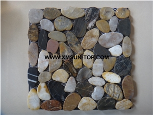 Multicolor Sliced High Polished Pebble Mosaic/Natural River Stone Mosaic/Double Surface Cut Pebble on Mesh/Pebble Wall Mosaic/Pebble Floor Mosaic