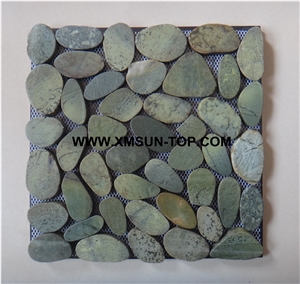 Ordinary Polished Light Green Pebble Stone Sliced Surface Mosaic/River Stone Mosaic Tile/Green Pebble Wall Mosaic/Pebble Floor Mosaic/Pebble on Mesh