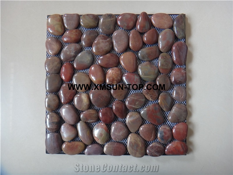 Red Highly Polished Flat Pebble Mosaic in Mesh/Natural River Stone Mosaic Wall Tiles/Red Pebble Floor Tiles/Interior Decoration