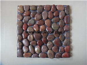 Red Highly Polished Flat Pebble Mosaic in Mesh/Natural River Stone Mosaic Wall Tiles/Red Pebble Floor Tiles/Interior Decoration