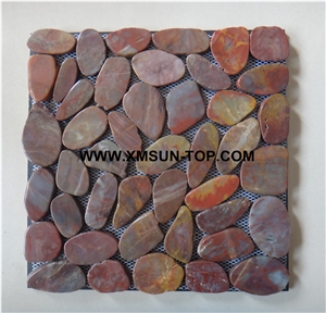 Red Highly Polished Sliced Pebble Mosaic/Red Pebble Stone Wall Mosaic Tile/Red Pebble Stone Floor Mosaic Tiles/Red Pebble Mosaic in Mesh