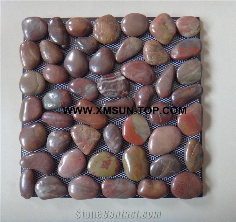 Red Middle Polished Flat Pebble Mosaic in Mesh/Natural River Stone Mosaic Wall Tiles/Red Pebble Floor Tiles/Interior Decoration