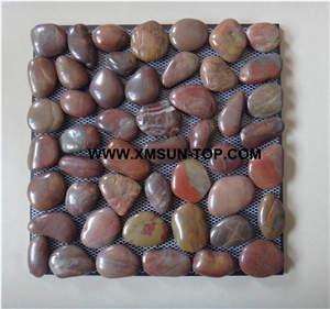 Red Middle Polished Flat Pebble Mosaic in Mesh/Natural River Stone Mosaic Wall Tiles/Red Pebble Floor Tiles/Interior Decoration