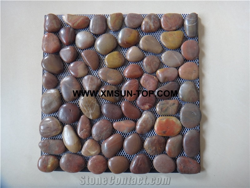 Red Ordinary Polished Flat Pebble Mosaic in Mesh/Natural River Stone Mosaic Wall Tiles/Red Pebble Floor Tiles/Interior Decoration