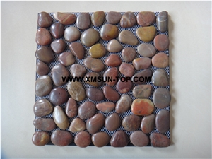 Red Ordinary Polished Flat Pebble Mosaic in Mesh/Natural River Stone Mosaic Wall Tiles/Red Pebble Floor Tiles/Interior Decoration