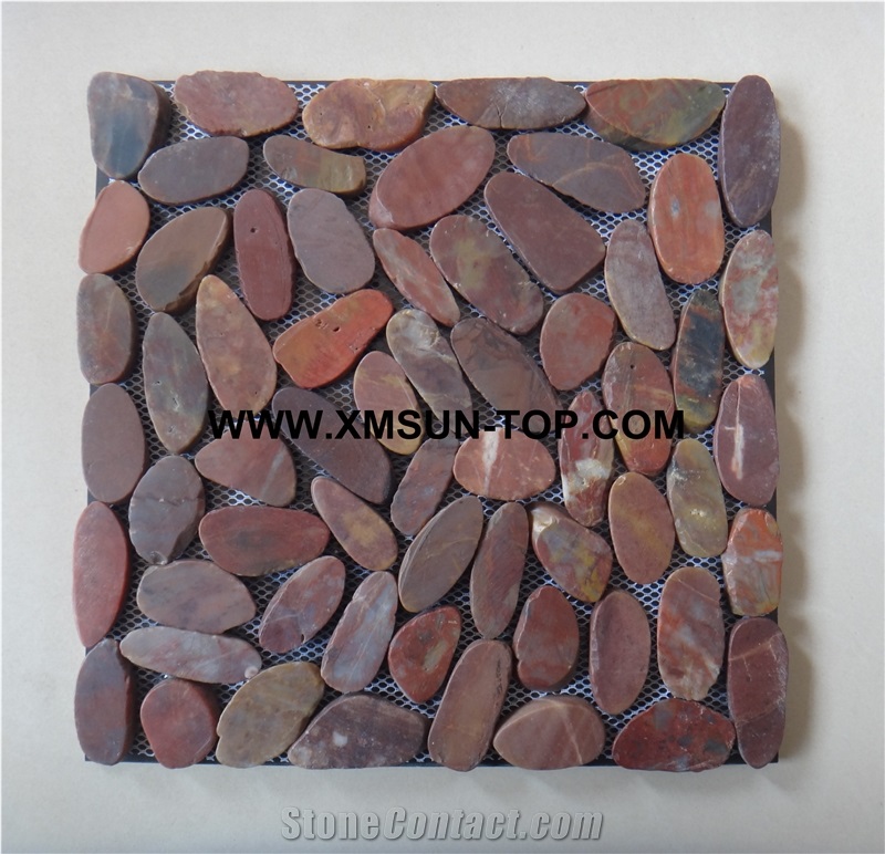 Red Ordinary Polished Sliced Pebble Mosaic/Red Pebble Stone Wall Mosaic Tile/Red Pebble Stone Floor Mosaic Tiles/Red Pebble Mosaic in Mesh
