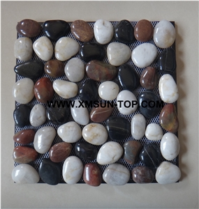 White&Black&Red Highly Polished Flat Pebble Mosaic in Mesh/Natural River Stone Mosaic Wall Tiles/Multicolor Pebble Floor Tiles/Interior Decoration
