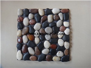 White&Black&Red Middle Polished Flat Pebble Mosaic in Mesh/Natural River Stone Mosaic Wall Tiles/Multicolor Pebble Floor Tiles/Interior Decoration