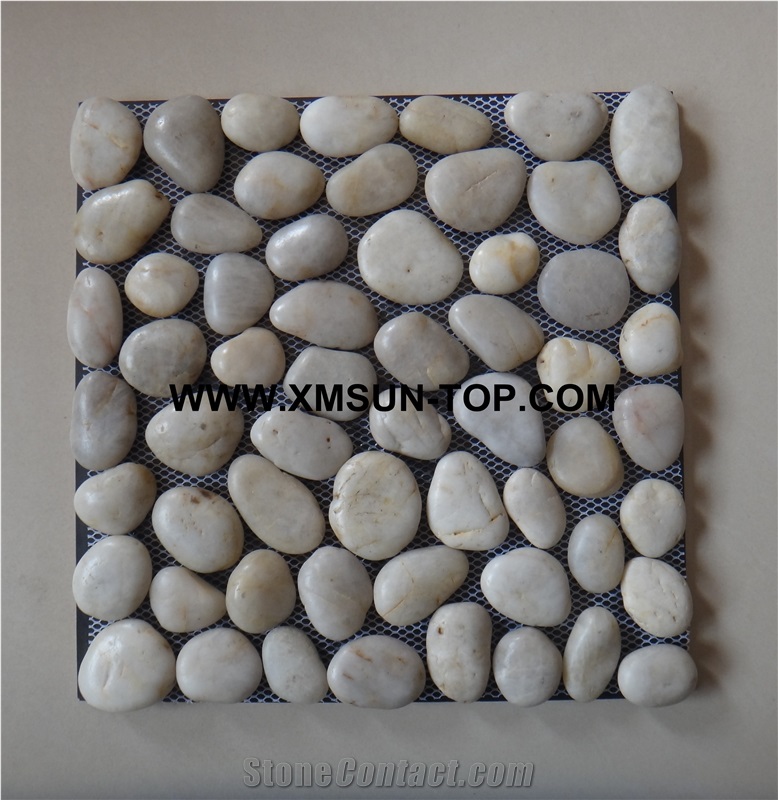 White Pebble Middle Polished Flat Mosaic in Mesh/Natural River Stone Mosaic Wall Tiles/White Pebble Floor Tiles/Interior Decoration