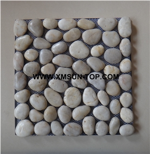 White Pebble Middle Polished Flat Mosaic in Mesh/Natural River Stone Mosaic Wall Tiles/White Pebble Floor Tiles/Interior Decoration