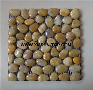 Yellow Highly Polished Flat Pebble Mosaic in Mesh/Natural River Stone Mosaic Wall Tiles/Yellow Pebble Floor Tiles/Interior Decoration