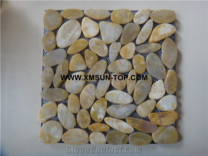 Yellow Highly Polished Sliced Pebble Mosaic/Yellow Pebble Stone Wall Mosaic Tile/Yellow Pebble Stone Floor Mosaic Tiles/Yellow Pebble Mosaic in Mesh