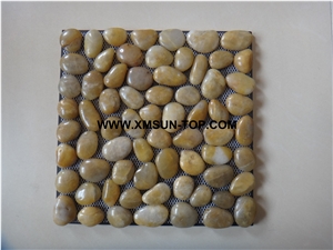 Yellow Middle Polished Flat Pebble Mosaic in Mesh/Natural River Stone Mosaic Wall Tiles/Yellow Pebble Floor Tiles/Interior Decoration