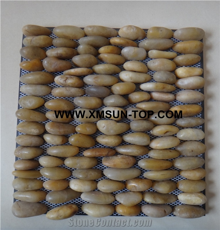 Yellow Ordinary Polished Pebble Standing Mosaic Tile/Natural River Stone Mosaic Tile/Yellow Pebble Stone Wall Mosaic/Yellow Pebble Stone Floor Mosaic