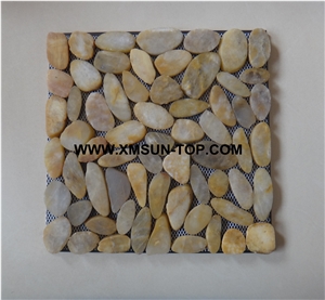 Yellow Ordinary Polished Sliced Pebble Mosaic/Yellow Pebble Stone Wall Mosaic Tile/Yellow Pebble Stone Floor Mosaic Tiles/Yellow Pebble Mosaic in Mesh
